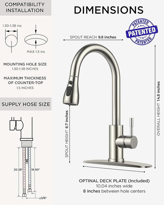 FORIOUS Kitchen Faucets with Pull Down Sprayer, Brushed Nickel High Arc Single Handle Stainless Steel Bar Sink Faucet with Deck Plate for 1 or 3 Hole, Suitable for Farmhouse RV Camper Laundry