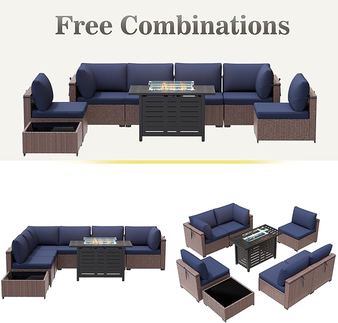 Patio Furniture Set 7 Pieces Conversation Set Wicker Outdoor Sectional Sofa,Ergonomic Armrests Couch with Cushion and Glass Table (Brown-Navy, 8 Piece-Fire Table)