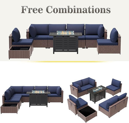 Patio Furniture Set 7 Pieces Conversation Set Wicker Outdoor Sectional Sofa,Ergonomic Armrests Couch with Cushion and Glass Table (Brown-Navy, 8 Piece-Fire Table)