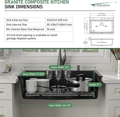 33x22 Black Drop in Kitchen Sink Workstation - Couoko Matte Black Quartz Granite Composite Single Bowl Drop In Sinks Large Deep Classic Topmount Sink Basin with Luxury Accessories