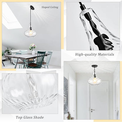 Glass Large Pendant Lights for Kitchen Island Blown Glass Pendant Light Clear Hammered Shade Hanging Ceiling Lights with Black Finish for for Kitchen Island, Sink, Hallway, Living Room 11 inch