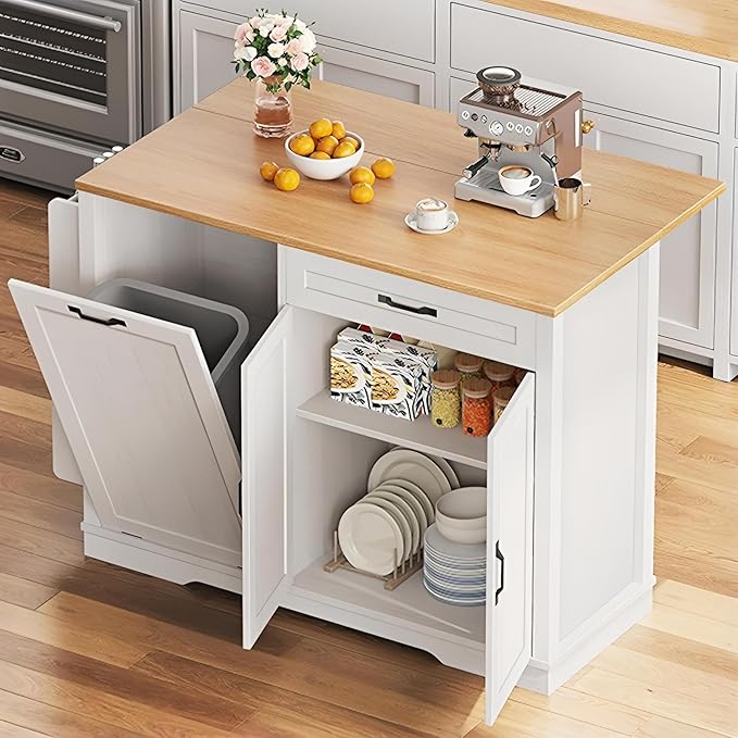 YITAHOME 50 Inch Rolling Kitchen Island with Trash Can Storage Cabinet & Drop Leaf, Portable Mobile Islands Table Long Floating Movable w Wheels Drawer Cabinet for 13 Gallon Garbage Bin, Off White