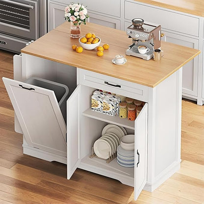 YITAHOME 50 Inch Rolling Kitchen Island with Trash Can Storage Cabinet & Drop Leaf, Portable Mobile Islands Table Long Floating Movable w Wheels Drawer Cabinet for 13 Gallon Garbage Bin, Off White