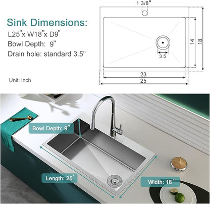 25 inch Kitchen Sink Single Bowl - Drop-in Topmount Kitchen Sink with Protective Bottom Grid, 304 Stainless Steel Overmount Kitchen Bar Sink Handmade with Basket Strainer, 25×18×9 inch