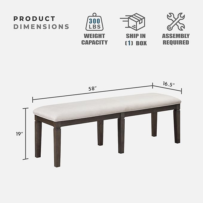 Lexicon Dining Bench with Padded Seat and Wooden Frame, 58" W Entryway Bench, Beige Textured Fabric Upholstered Dining Seat for Kitchen/Living Room, Easy Assembly, Dark Espresso