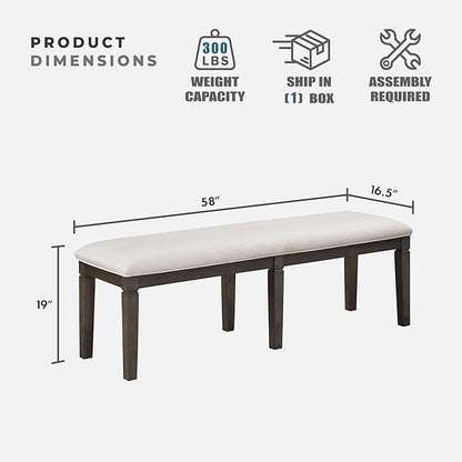 Lexicon Dining Bench with Padded Seat and Wooden Frame, 58" W Entryway Bench, Beige Textured Fabric Upholstered Dining Seat for Kitchen/Living Room, Easy Assembly, Dark Espresso