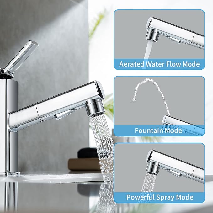 HANLIAN Single Hole Bathroom Pull Out Faucet with Rotating Spout, One Handle Faucet for Bathroom Sink, Modern Bathroom Faucet with Pull Down Sprayer, 3 Modes Lavatory Vanity Faucets (Chrome, Regular)