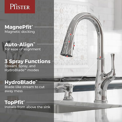 Pfister Alderwood Kitchen Faucet with Pull Down Sprayer and Soap Dispenser, Single Handle High Arc Spout, Chrome Finish, NSF Certified, 1 or 3 Hole Installation F5297AWC