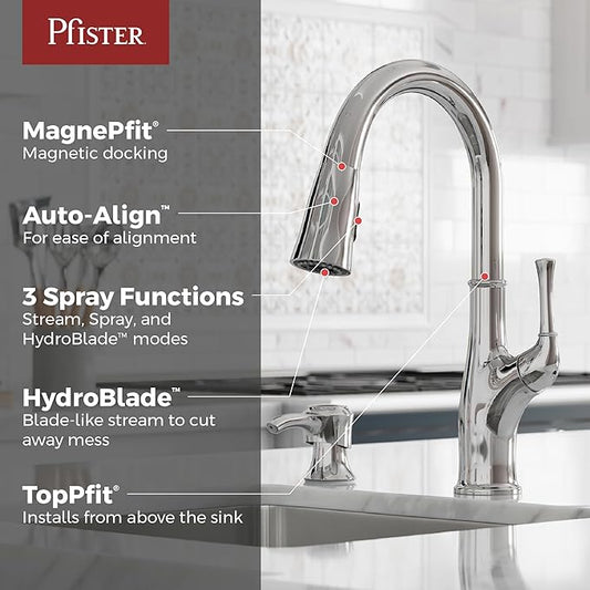 Pfister Alderwood Kitchen Faucet with Pull Down Sprayer and Soap Dispenser, Single Handle High Arc Spout, Chrome Finish, NSF Certified, 1 or 3 Hole Installation F5297AWC