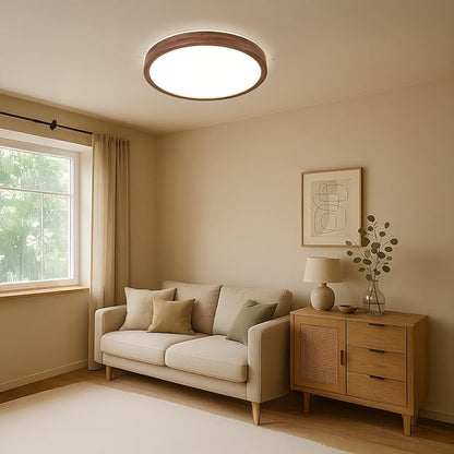 LED Ceiling Light Fixture 15.74, Handcrafted Walnut Wood Modern Wabi-Sabi Style, 42W LED 3000K-4000K-6000K, Low Profile Lamp for Bedroom Kitchen Hallway Dining