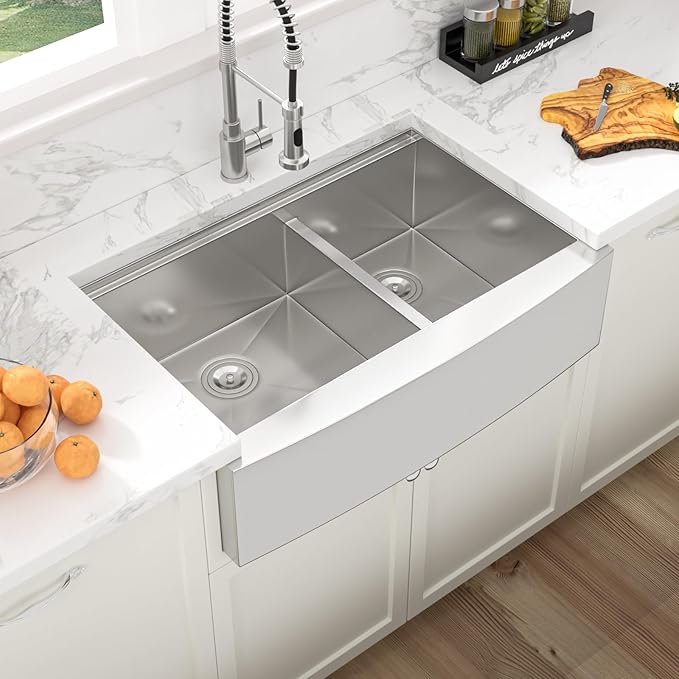 Sarlai 33 Farmhouse Sink Double Bowl - 33x22 Inch Farmhouse Kitchen Sink Apron Front Ledge Workstation Low Divide Double Bowl 60/40 16 Gauge Stainless Steel Farm Farmer Sinks Basin