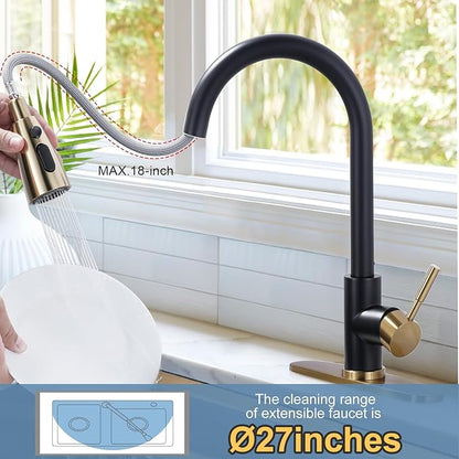Black and Gold Kitchen Faucet with Sprayer, WOWOW Kitchen Sink Faucet Stainless Steel Single Handle Kitchen Faucets with Deck Plate, 360 Swivel High Arc Single Hole RV Kitchen Faucet