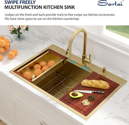 Sarlai 33 Gold Kitchen Sink with Faucet- 33x22 Inch Drop In Kitchen Sink Single Bowl Topmount Gold Ledge Workstation Sinks 16 Gauge Stainless Steel Sinks with Pull-out Faucet