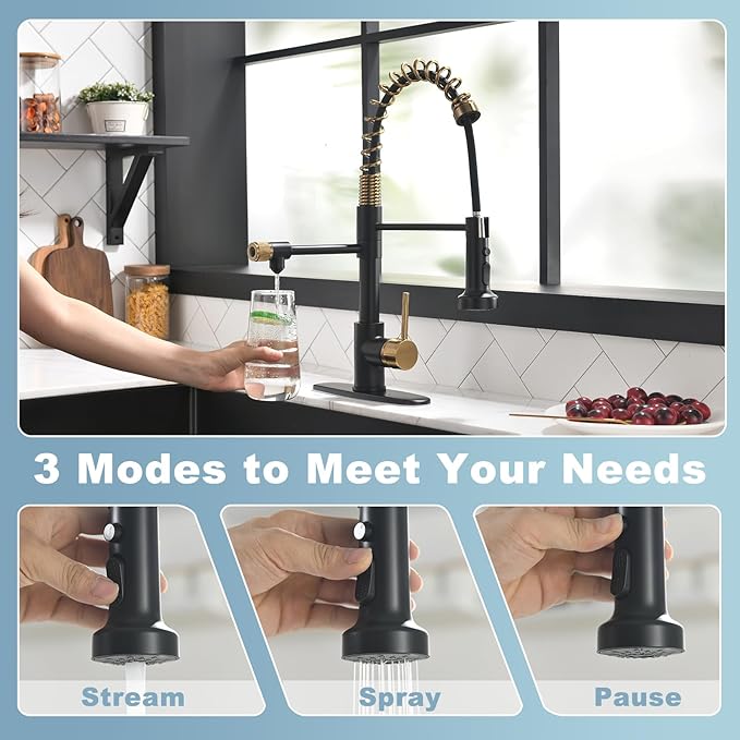GIMILI Black and Gold Drinking Water Faucet 3 in1 Commercial Style Pull-Down Single Handle Filter Kitchen Faucet for Water Filtration System,Without Water Filtration Device