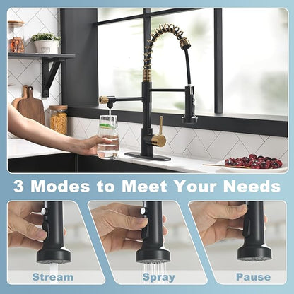 GIMILI Black and Gold Drinking Water Faucet 3 in1 Commercial Style Pull-Down Single Handle Filter Kitchen Faucet for Water Filtration System,Without Water Filtration Device