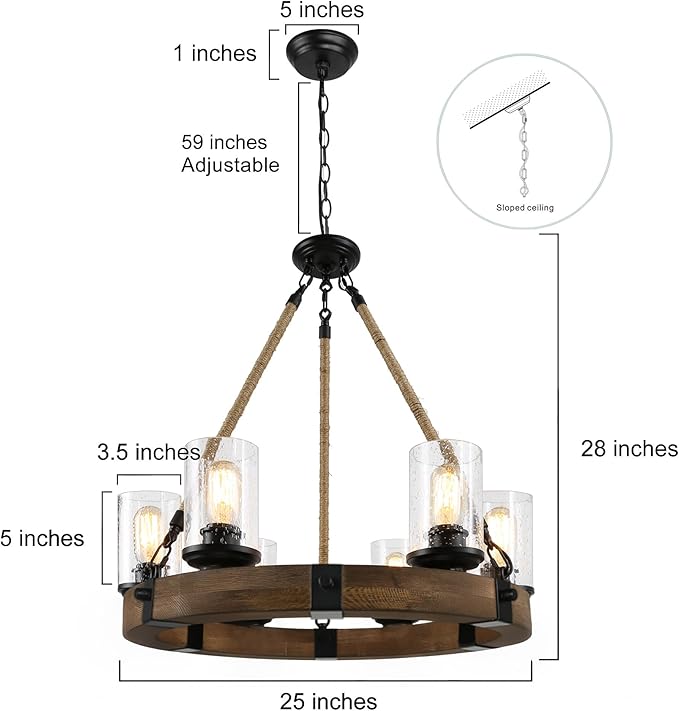 Farmhouse Wood Chandelier, Round Wagon Wheel Light Fixture with Seeded Glass Shades & Hemp Rope for Dining Room, Living Room, Bedroom, Kitchen Island, and Foyer