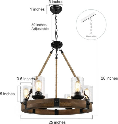 Farmhouse Wood Chandelier, Round Wagon Wheel Light Fixture with Seeded Glass Shades & Hemp Rope for Dining Room, Living Room, Bedroom, Kitchen Island, and Foyer
