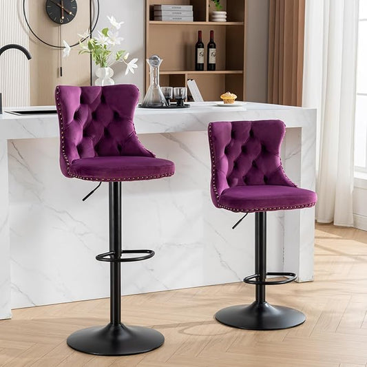KEIKI Swivel Velvet Barstools，Upholstered Chairs Set of 2, Adjusatble Seat Height from 25-33 Inch for Home Pub, Kitchen Island, Dark Purple