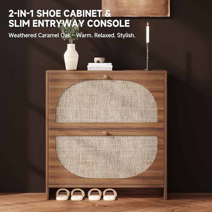Nicetree Freestanding Ultra Slim Arched Rattan Accent Shoe Storage Cabinet for Entryway - 2 Flip Drawers & 3-Tier Adjustable Shelves, Farmhouse Modern Rustic Shoe Rack for Hallway Foyer,Brown