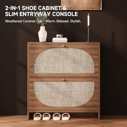 Nicetree Freestanding Ultra Slim Arched Rattan Accent Shoe Storage Cabinet for Entryway - 2 Flip Drawers & 3-Tier Adjustable Shelves, Farmhouse Modern Rustic Shoe Rack for Hallway Foyer,Brown