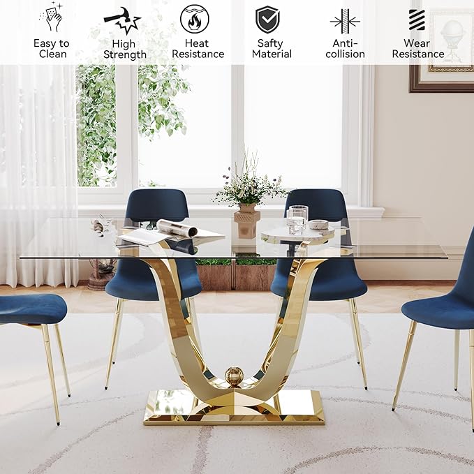 70" Glass Dining Table for 6-8, Modern Dining Room Table with 0.39" Tempered Glass Top and Dual U-Shaped Gold Stainless Steel Base, Rectangle Kitchen Dinner Table for Dining Room