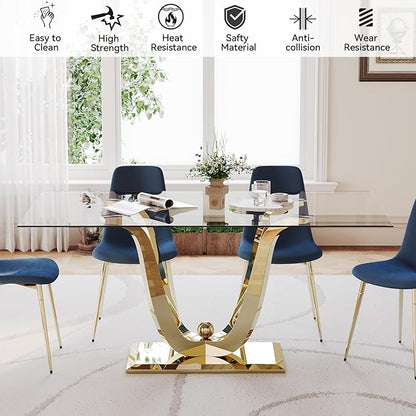 70" Glass Dining Table for 6-8, Modern Dining Room Table with 0.39" Tempered Glass Top and Dual U-Shaped Gold Stainless Steel Base, Rectangle Kitchen Dinner Table for Dining Room