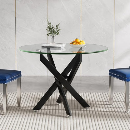 SSLine 35.4" Round Glass Dining Table for 2-4 Modern Circle Glass Tabletop Kitchen Table for 4 Luxury Dinner Tables with Black Metal Legs for Home Kitchen Dining Room(Table Only)
