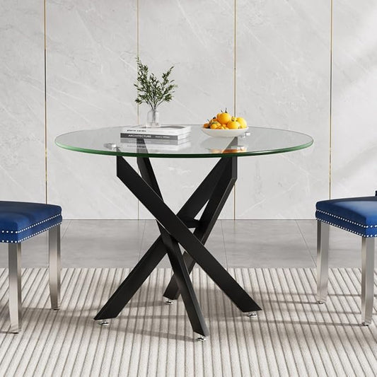 SSLine 35.4" Round Glass Dining Table for 2-4 Modern Circle Glass Tabletop Kitchen Table for 4 Luxury Dinner Tables with Black Metal Legs for Home Kitchen Dining Room(Table Only)