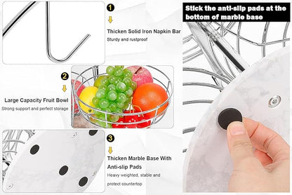 Livabber Fruit Basket Bowl with Banana Hanger, Metal Fruit Vegetable Storage Basket with Banana Holder for Kitchen Counter, Detachable Organizer for Bread Snack Produce (Chrome, 3-Tier Marble Base)
