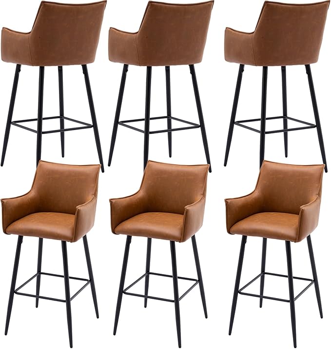 Brown Leather Bar Stools Set of 6, Mid Century Modern Upholstered Kitchen Chairs with Arms and Black Metal Legs 30” Height Stools with Back for Dining Room Home Pub Faux Leather in Brown