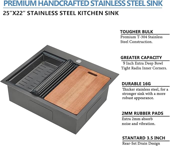 SHACO 25x22 Black Drop In Kitchen Sink, 25 Inch Topmount Stainless Steel Workstation Sink, Single Bowl Bar Prep RV Laundry Small Kitchen Sink with Cutting Board