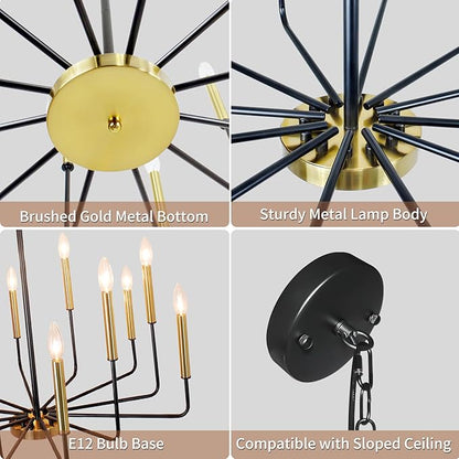 Black and Gold Chandelier for Dining Room, 12-Light Farmhouse Dining Room Light Fixture, Candle Chandelier Light Fixtures, Modern Chandeliers for Living Room Kitchen Foyer Staircase