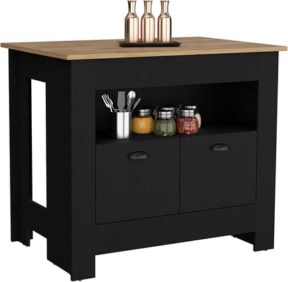 GOWE Floyd Kitchen Island 35" H, Whit 2 Doors, 3 Shelves, Black/Macadamia