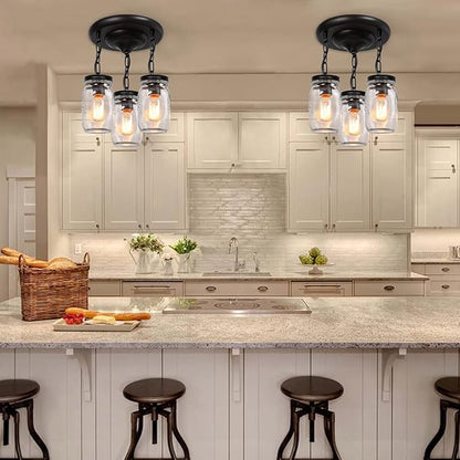 Mason Jar Light Fixtures, 3-Light Glass Mason Jar Pendant Lighting for Kitchen Island Farmhouse Close to Ceiling Kitchen Light Over Sink Barn Dining Room Chandelier Hallway Stairway