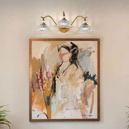 Vintage Bathroom Vanity Light Fixtures - 3 Light Antique Brass Bathroom Lights Fixture Over Mirror with Clear Flower Glass,Retro Brushed Gold Bronze Wall-Mounted Vanity Lighting for Powder Room