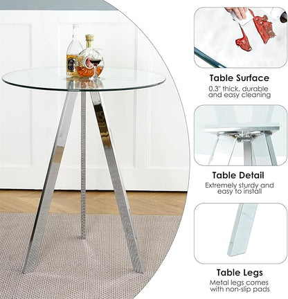 yeag 31.5'' Glass Round Bar Table Set with Stools, Modern High Top Pub Bistro Table & 2 Adjustable Metal Bar Stool Velvet Swivel Bars Chairs (Silver Metal Legs, Clear Top + Grey Chair)
