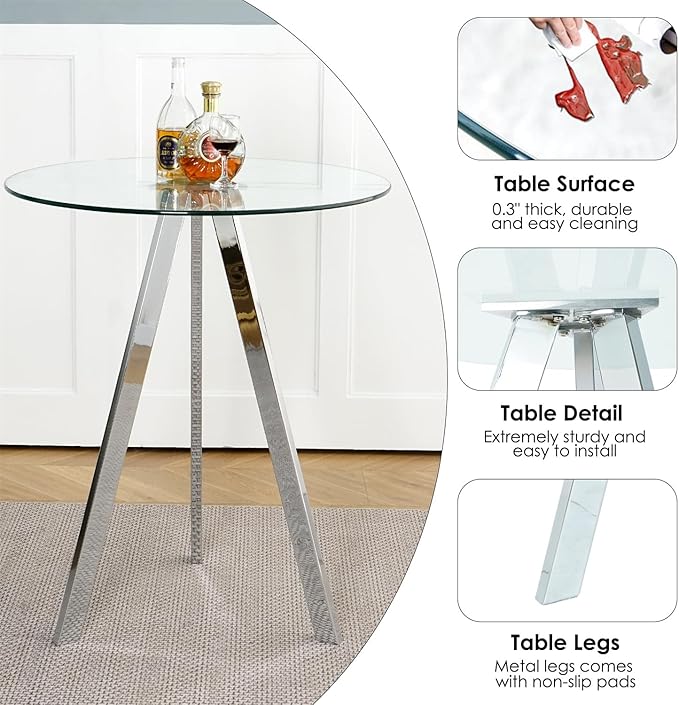 Glass Bar Height Table and Chairs Set for 2, Round Bistro Pub Table with Stools Set, Adjustable Retro Barstools Velvet Island Chairs for Small Space (Silver Metal Legs, Clear Top + Black Chair)