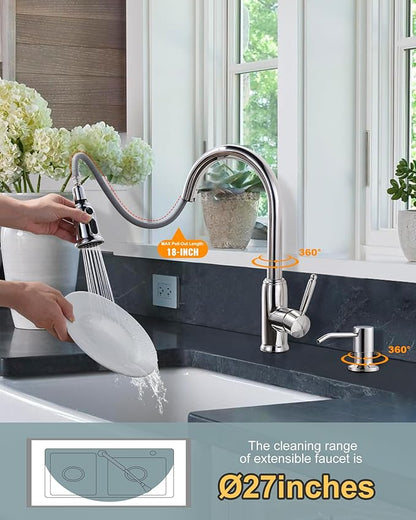 Chrome Kitchen Faucet with Soap Dispenser, WOWOW Stainless Steel Kitchen Faucet for Sink 2 or 4 Hole, High Arc Vintage Kitchen Sink Faucet with Pull Down Sprayer