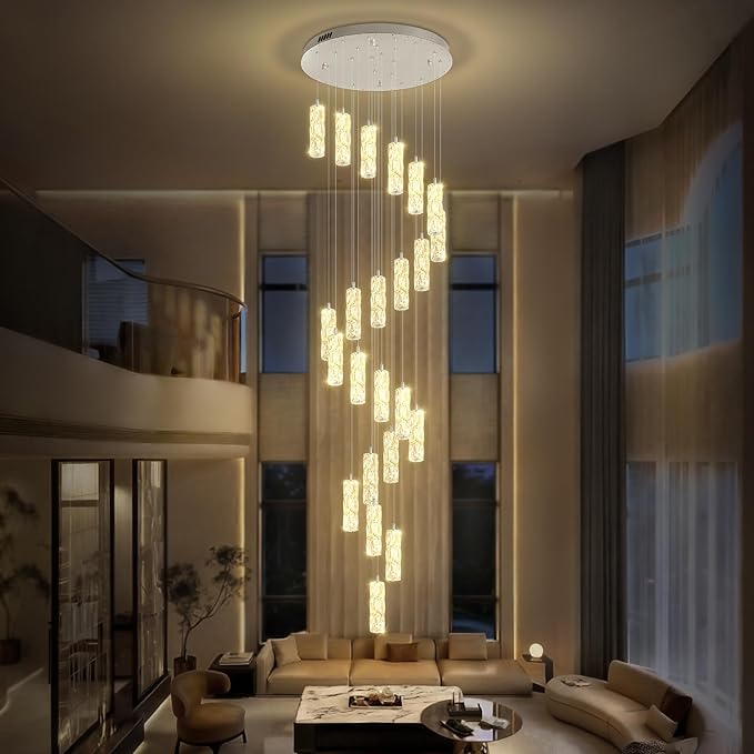 ykolupty H150in Modern Crystal Chandelier LED Dimmable Stairwell Chandelier High Ceiling Pendant Light for Stairs Entryway Living Room