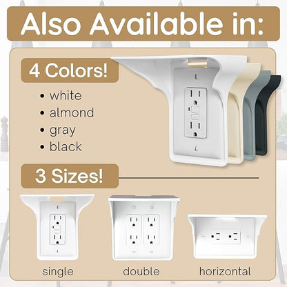 Power Perch Double Wall Outlet Shelf with Cord Storage Strap - Declutter & Reclaim Bedroom Counter Space - Echo Dot Stand, Apple Homepod Shelf, Toothbrush Holder for Bathroom - White, 1-Pack