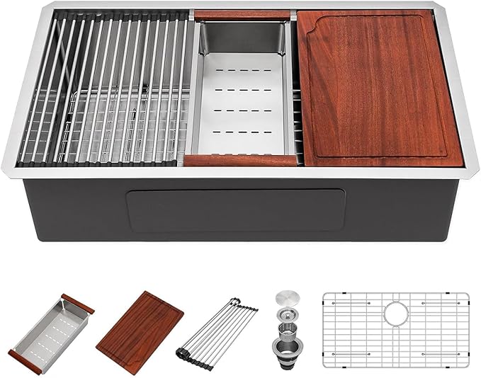 30 Inch Undermount Kitchen Sink - Beslend SUS304 16 gauge Stainless Steel Single Bowl Workstation 30x19 Inch Kitchen Sinks Handmade Under Counter 30x19x10 Inch