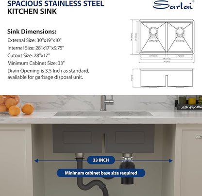 30 Kitchen Sink Double Bowl - Sarlai 30 x 19 inch Undermount Sink Stainless Steel 16 Gauge Two Basin Low Divider 50/50 Under Counter Deep Kitchen Sinks with Accessories