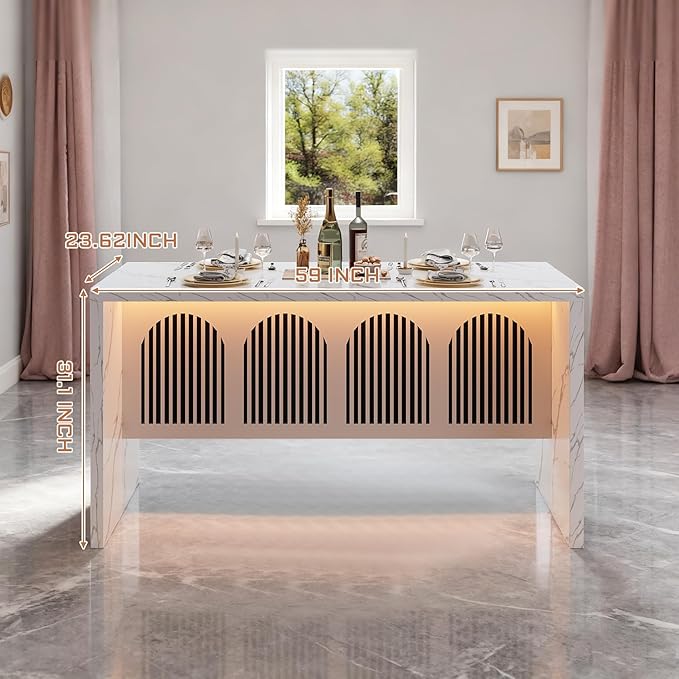59" Large Imitation Marble Dining Table for 4-6 People - Faux Marble Dining Tablee with Adjustable Lights,Faux Marble Dining Table with Grille Design for Kitchen, Dining Room & Living Room,No Chairs