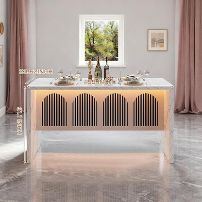 59" Large Imitation Marble Dining Table for 4-6 People - Faux Marble Dining Tablee with Adjustable Lights,Faux Marble Dining Table with Grille Design for Kitchen, Dining Room & Living Room,No Chairs
