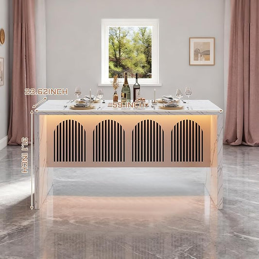 59" Large Imitation Marble Dining Table for 4-6 People - Faux Marble Dining Tablee with Adjustable Lights,Faux Marble Dining Table with Grille Design for Kitchen, Dining Room & Living Room,No Chairs