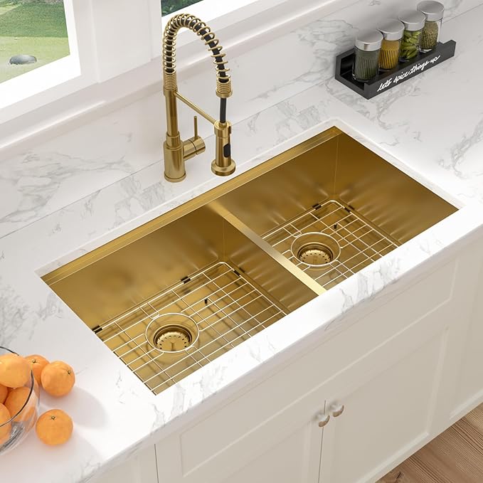 Sarlai 36 Inch Gold Undermount Kitchen Sink Double Bowl Large Workstation Low Divided Gold Stainless Steel Sink 16 Gauge 60/40 Sinks Double Basin