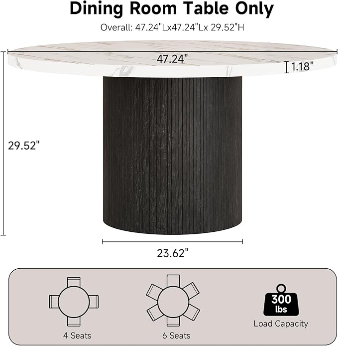 Round Kitchen Dining Table for 4-6 People, 47 inch Mid-Century Circle Dinner Tables, Rustic Wood Base in Fluted Design, Space Saving Dining Room Furniture, Large Table Only for Family Party, Marble