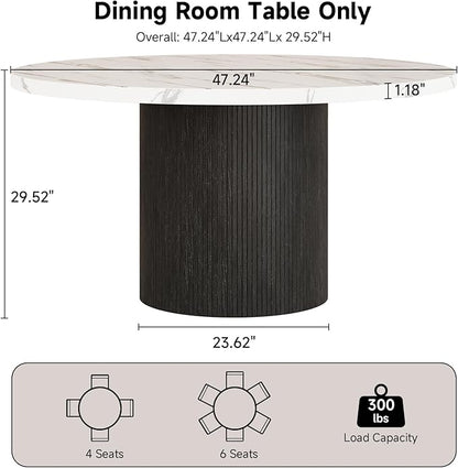 Round Kitchen Dining Table for 4-6 People, 47 inch Mid-Century Circle Dinner Tables, Rustic Wood Base in Fluted Design, Space Saving Dining Room Furniture, Large Table Only for Family Party, Marble