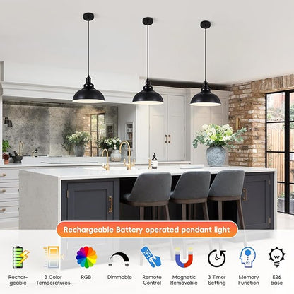 Black Battery Operated Pendant Lights 2 Pack, Modern Rechargeable Pendant Lighting with Remote, Pendant Light Fixtures for Kitchen Island, Industrial Hanging Lights for Dining Room Hallway Entryway