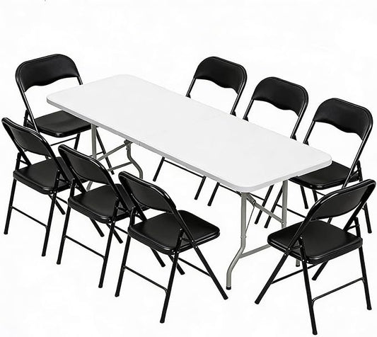 Elevon Folding Table Set with 8 Black Folding Chairs,8 Feet Heavy Duty Fold-in-Half Utility Table Sets for Picnic, Event, Training, Outdoor Activities, at Home and Commercial Use